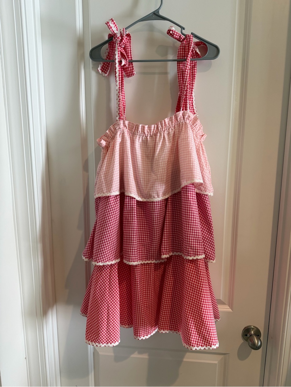 English Factory Red & Light Pink Gingham Tiered Mini Dress